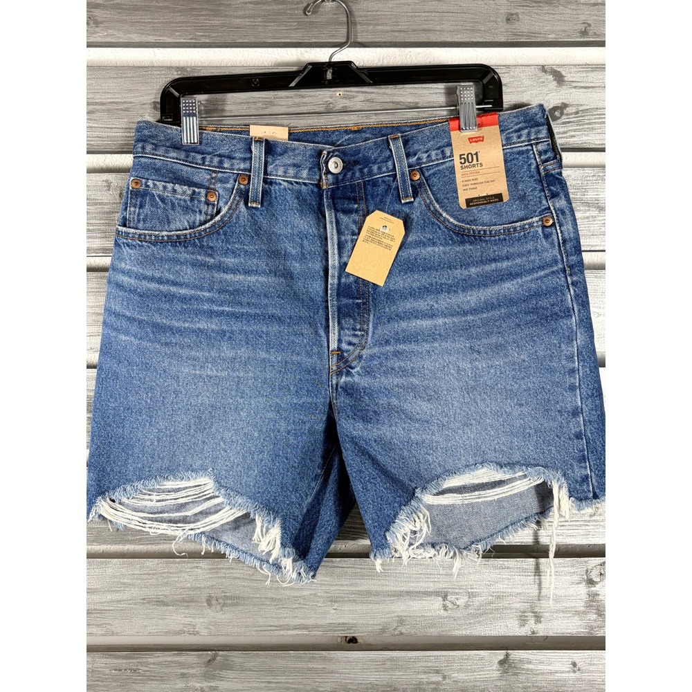Levis 501 Original Shorts Mens 32 Medium Wash Distressed Raw Hem Denim 858330037